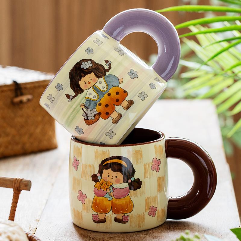 Retro Style Girl Pastoral Style Ceramic Mug Best Friend Drinking Water Breakfast Cup Creative Girl Activity Souvenir