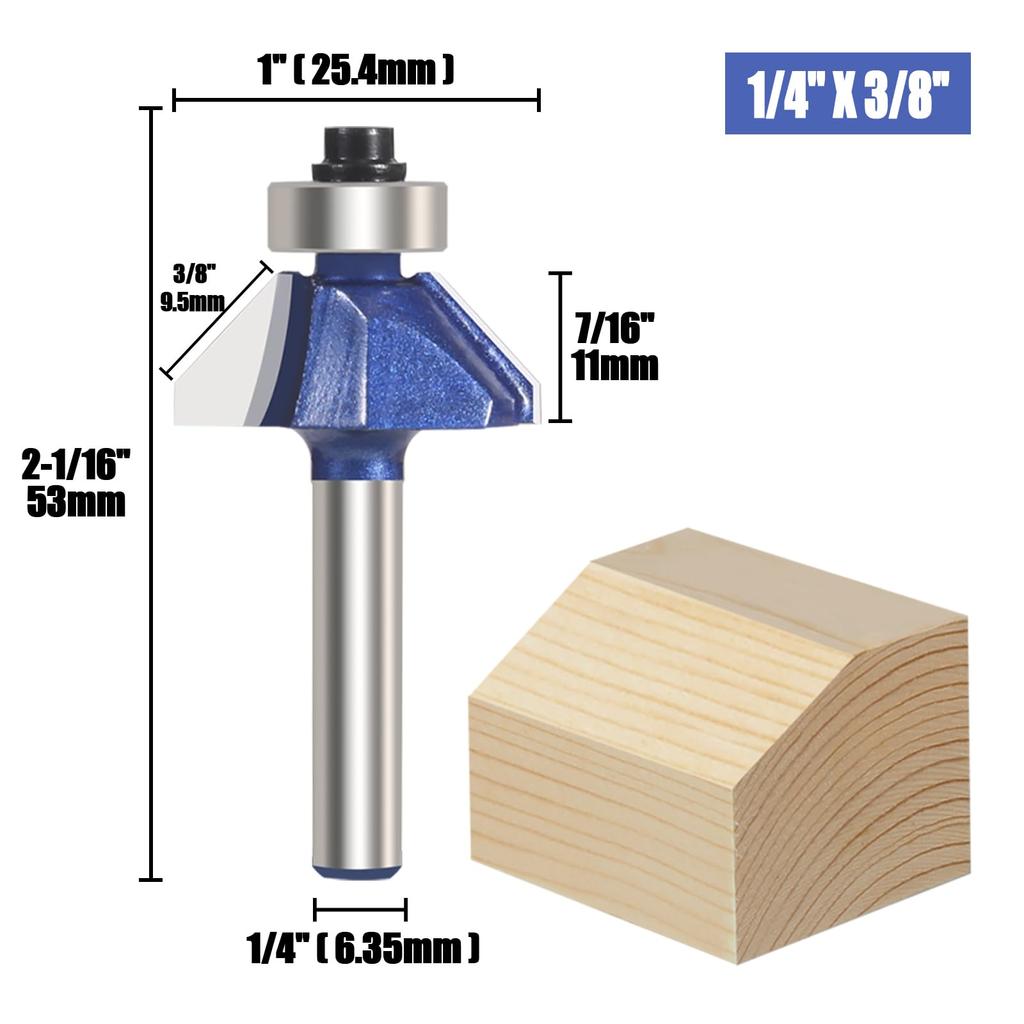 Vearter Trimmer Chamfer Solid Carbide Corner Router Bevel Milling Bevel Chamfering Cutting DIY Woodworking Router Bit for Electric Trimmers 4-Piece