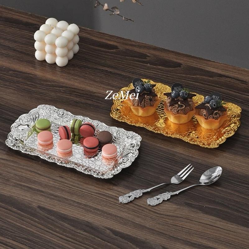 European-Style Rectangle Fruit Plate,Exquisitely Carved Stars Texture Metal Cake Tray,Dessert Living Room Snack Plate Decoration