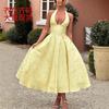 European and American Cross-border V-neck Neck Jacquard Dress, High-end Evening Dress, Spring and Summer Temperament, Sleeveless Backless Waist Dress
