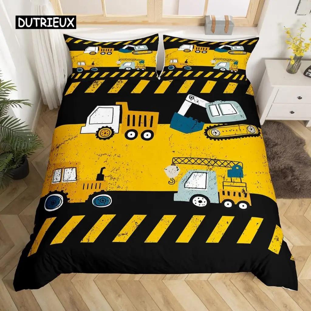 Kids Equipment Trucks Duvet Cover King Boys Cartoon Car Bedding Set Construction Highway Comforter Cover Set