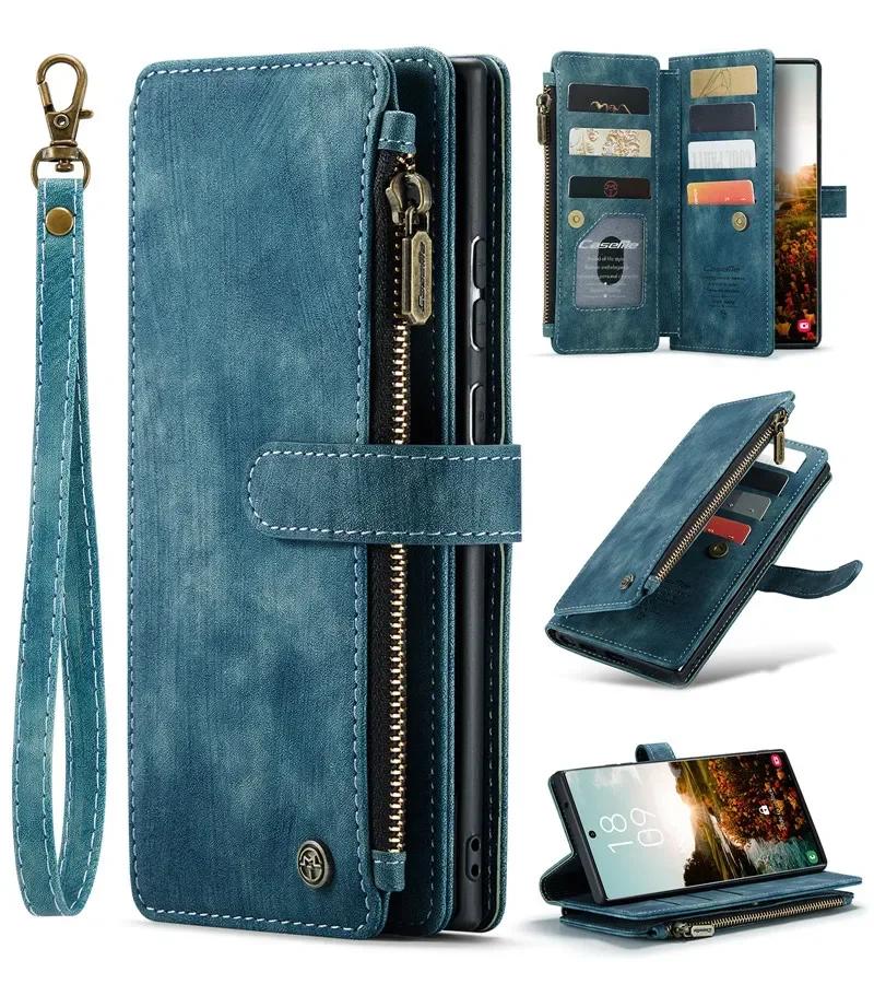 Leather Wallet Card Phone Case For Samsung Galaxy S26 Plus S25 Ultra S24 FE S23 S22 S21 S20 Zipper Purse Flip Stand Cover Coque