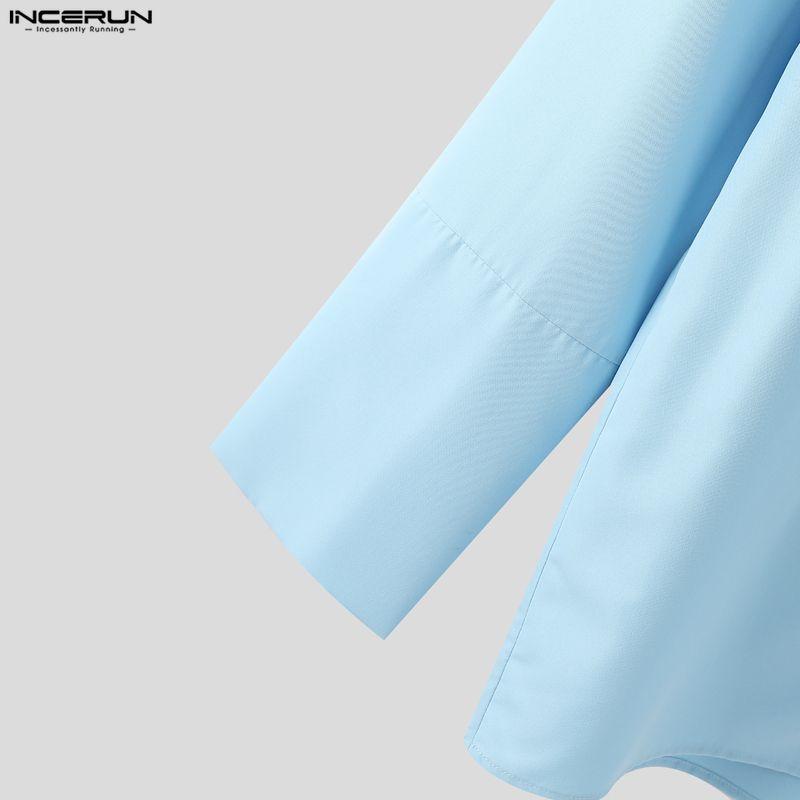 INCERUN Men Tie Lapel Neck Long Sleeve Solid Buttons Up Casual Oversized Shirts