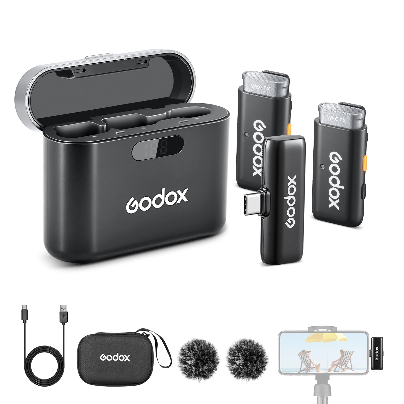 

Godox WES2 Kit2 Wireless Microphone for Wireless Microphone with 200m Transmission Noise and Charging Case for and Interviews Android/USB C,