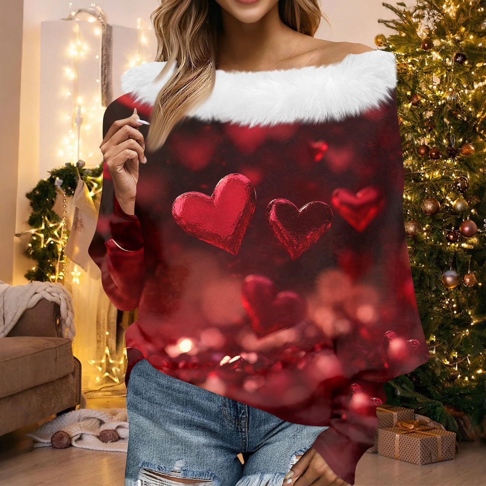 

Женский свободный повседневный топ с открытыми плечами и принтом ко Дню святого Валентина из плюша в стиле пэчворк с линией горловины S винный