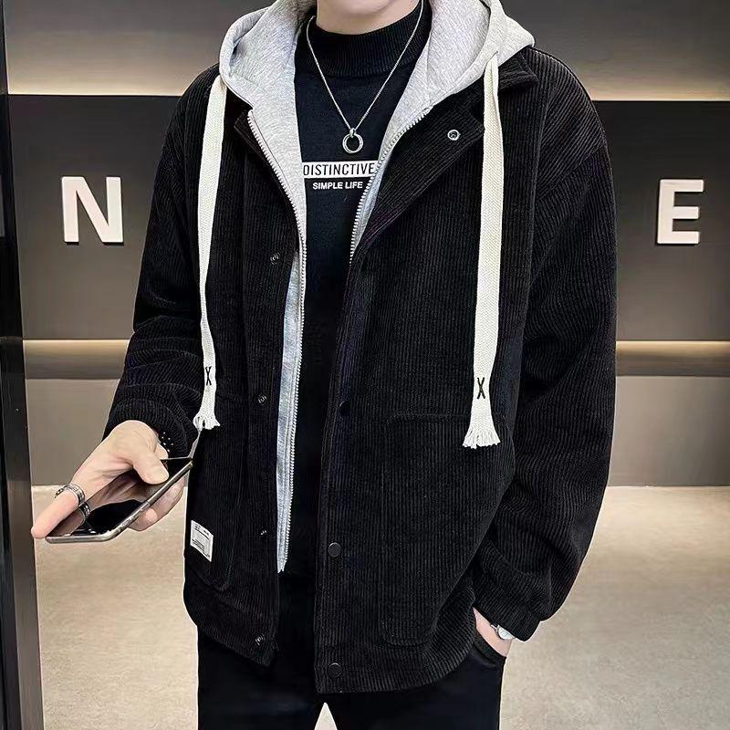 Men's Retro Thickened Corduroy Cotton-Padded Winter Jacket with Turn-Down Collar & Hooded Coat Two-Piece Set