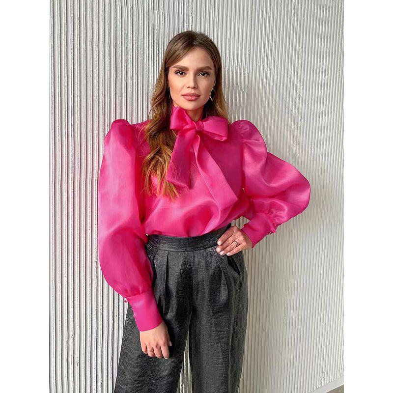 

Fashion Wind Sexy See-through Mesh Tops Puff Sleeve Shirt Sexy Gauze Perspective Shirt Pink M
