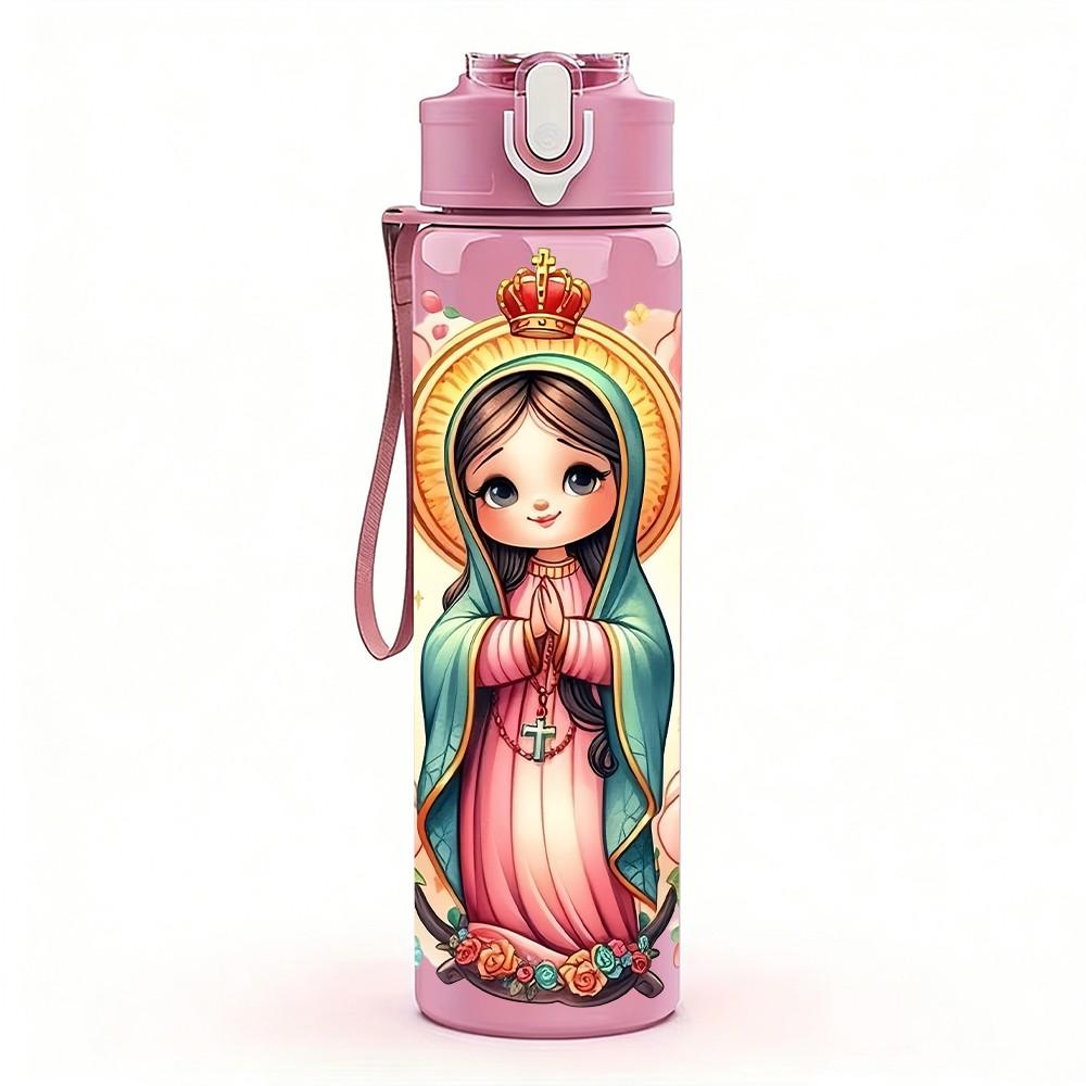 1PC Girl With Rose Wreath Portrait 750ml Color Plastic Sports Water Bottle Leakproof Flip Straw Lid Suitable for Sports Office Home Use