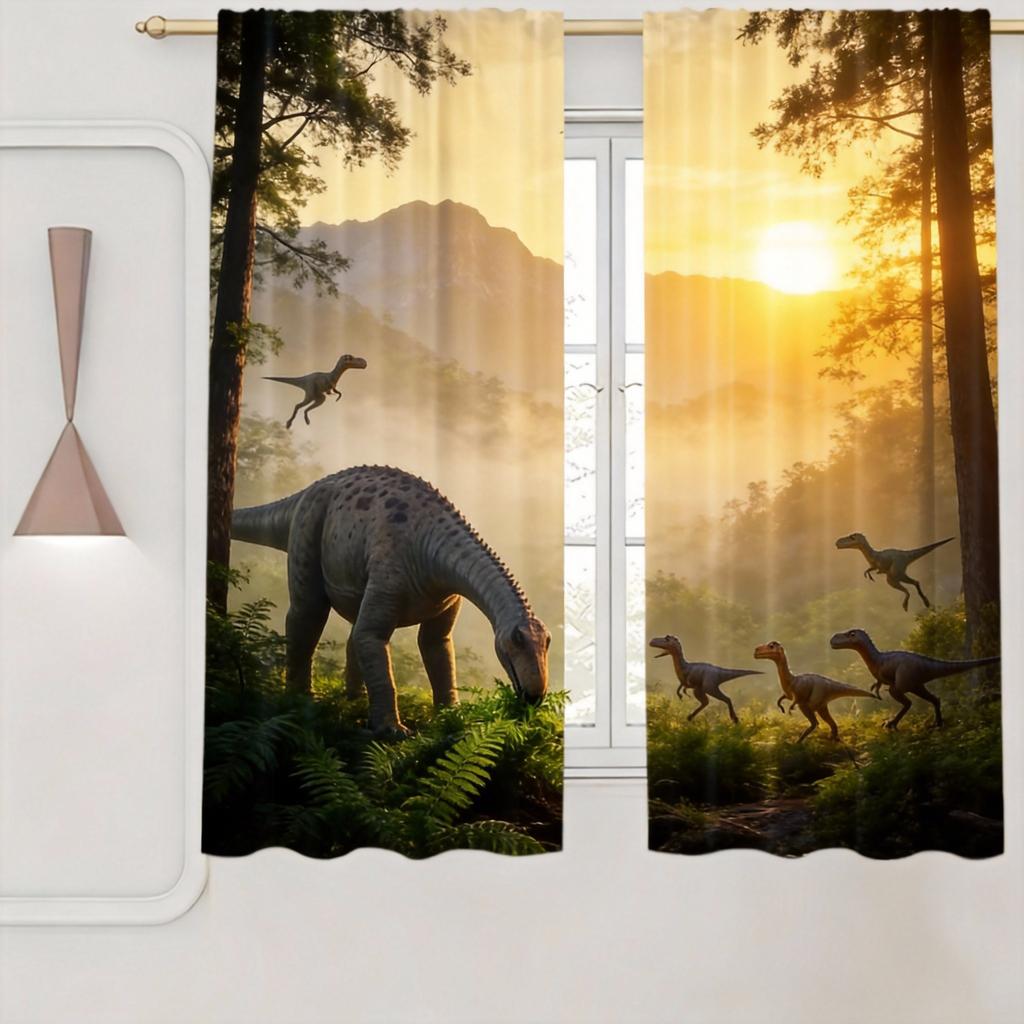 Dinosaur Curtains 2pcs – T-Rex & Jurassic Jungle Scene, Realistic Prehistoric Animal Print for Kids’ Bedroom and Playroom Decor