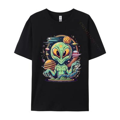 Alien Tshirt Anime Printed Tshirt Funny UFO Alien Space Men Tshirt Green And White Graphic T Shirt