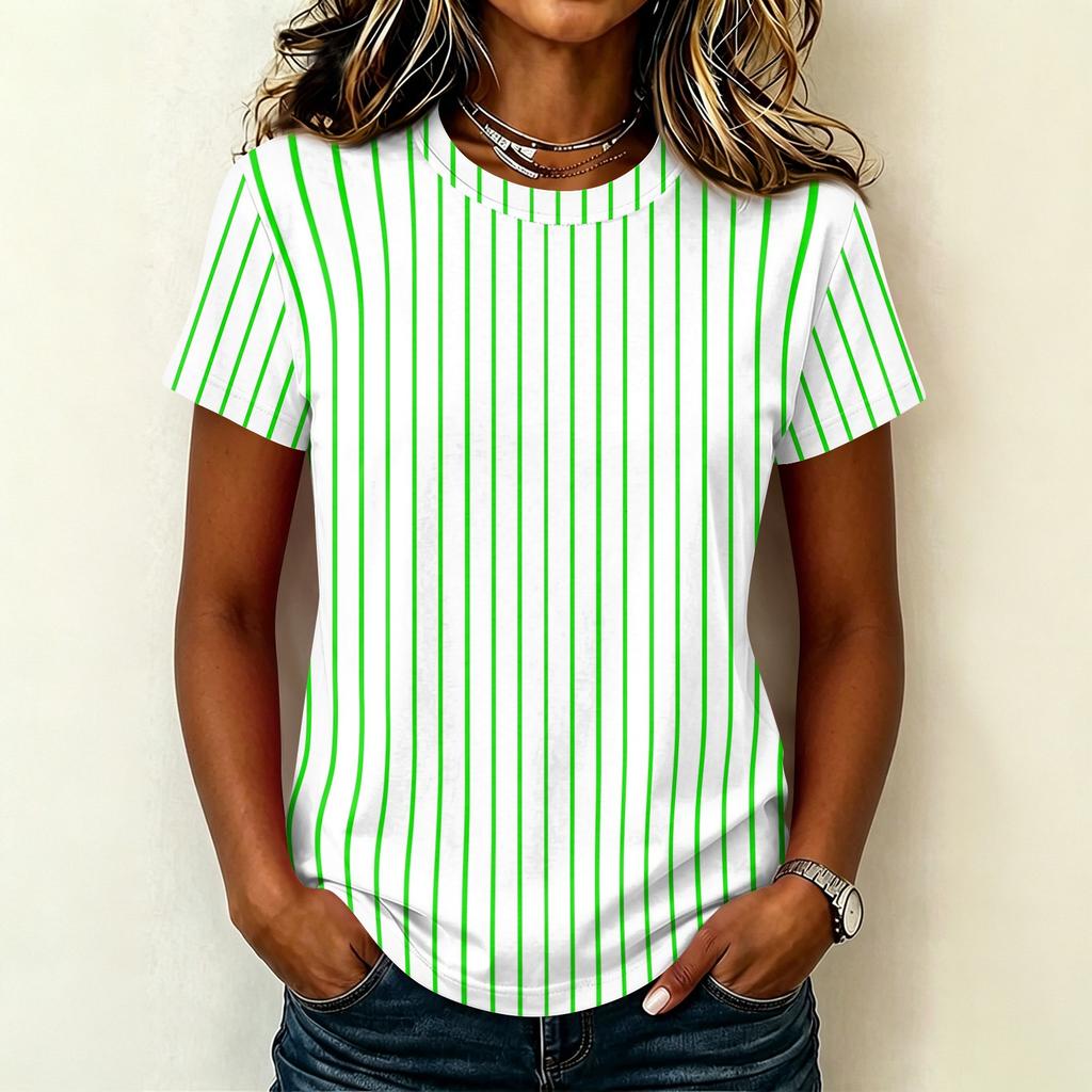 Women's Casual Crew Neck Short Sleeve Pullover T-Shirt Vertical Stripe Print Top Lightweight Soft Fabric Summer Wear