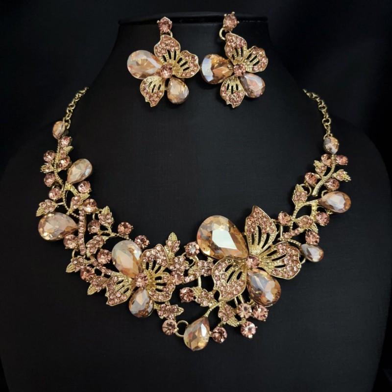 Sparkling Colorful Crystal Gemstone Necklace Earring Set Women Wedding Party Stage Accessory Floral Fashion Jewelry