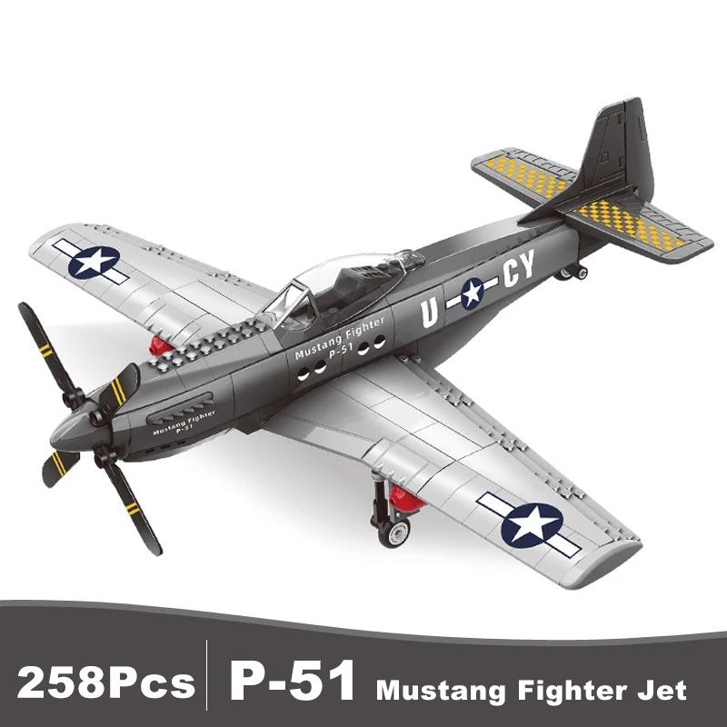 Military USA P-51 Mustang Fighter Jets Model Building Blocks Technical Aircraft Airplane MOC Weapons Bricks Toys for Adult Gifts