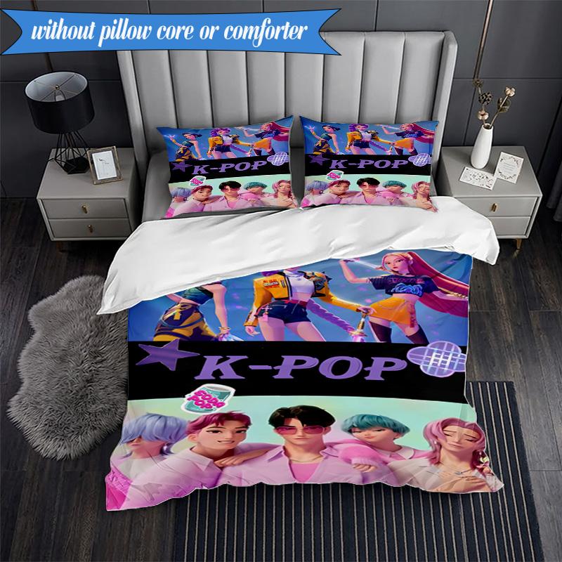 Colorful Kpop Cartoon 3pcs K-pop Music Group Bedding set,Ideal for Bedroom, Dormitory,Including Duvet Cover And 2pcs Pillowcases,Fan Gifts