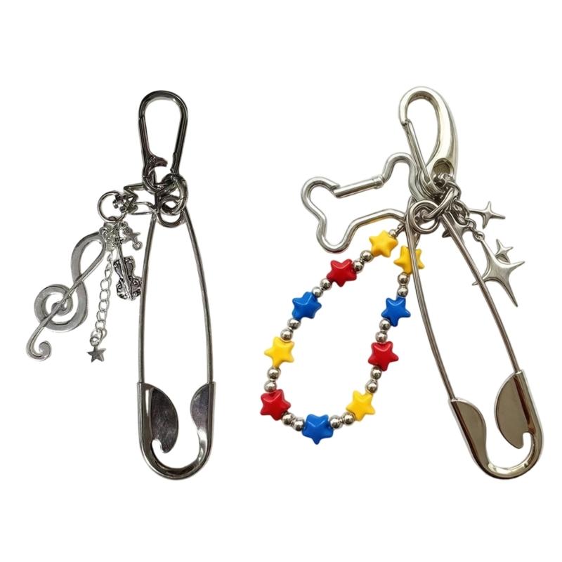 Safety Pin Keychain Charm Stainless Steel Bag Accessory with Decorative Pendant for Daily Carry and Backpack Accent