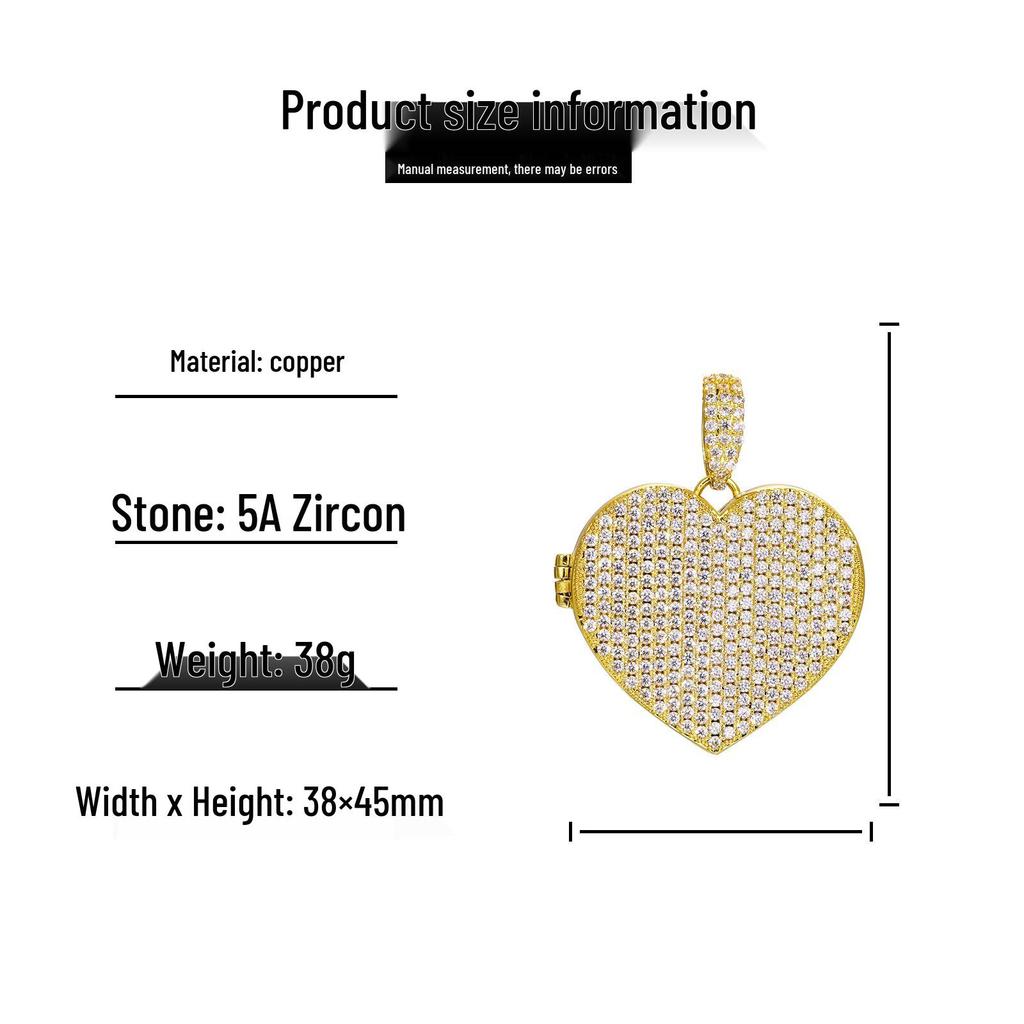 Trendy Heart-Shaped Zircon Photo Pendant Necklace - European & American Hip Hop Style