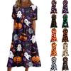 Women Casual Halloween Print Dress Short Sleeve Round Neck Pocket Midi Dress Loose Fit Comfortable Everyday Wear