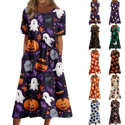 Damen Lässiges Halloween-Print-Kleid Kurzarm Rundhalsausschnitt Tasche Midi-Kleid Lockere Passform Bequem für den Alltag