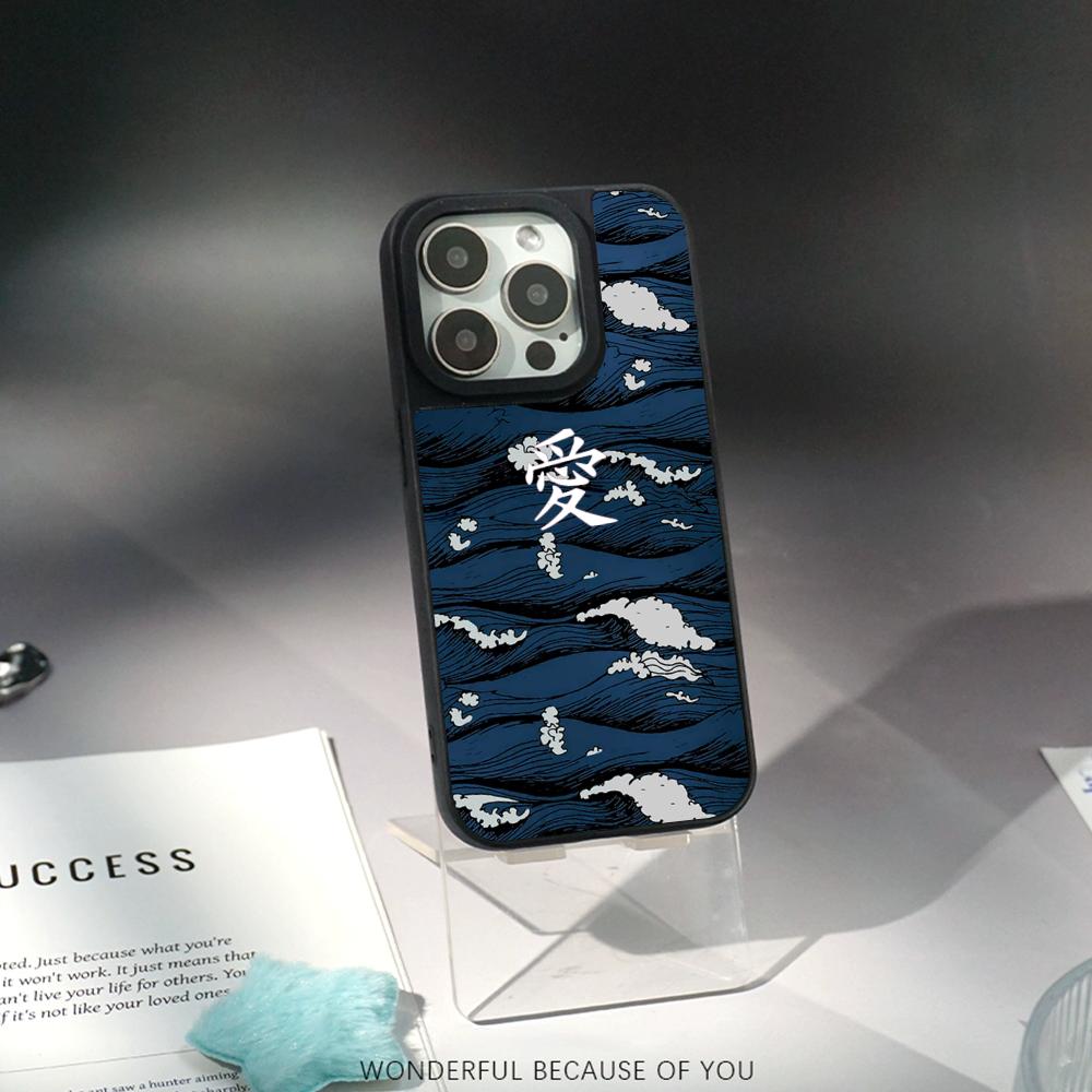 Japanese Art Text Fashion Love Design Phone Case for iPhone 17 16 E 15 14 13 12 Pro Max Sheepskin Silver-edged Protective Case