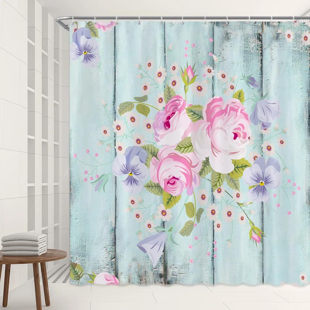 Love and Hearts Design Shower Curtain Set Retro Off-white Home Decor Bath Curtain Abstract Colorful Pattern Polyester with Hooks