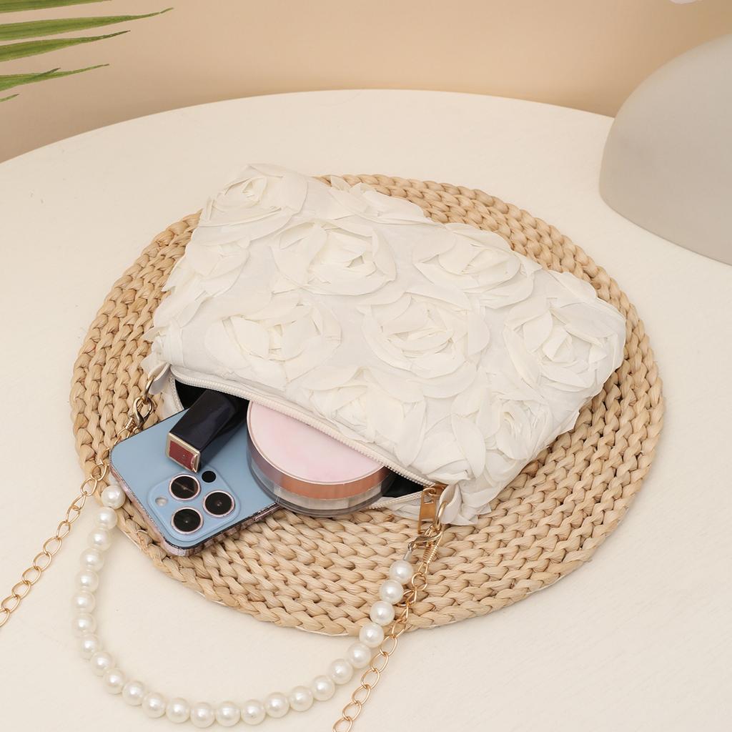 Geantă de mână cu floare de trandafir 3D și perle, cu curea lanț, pentru purtare crossbody sau pe umăr, pentru navetă zilnică și uz casual