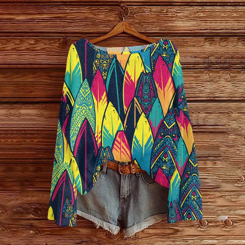 Women's Fashion Round Neck Long Sleeve Print Casual Pullover Sweater Top