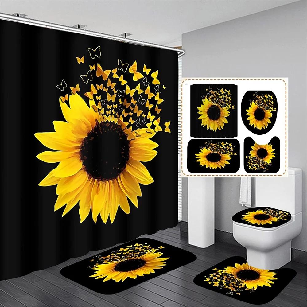 Magic Sunflower Butterfly Shower Curtain Sets Black Yellow Art Country Flower Bathroom Decor Curtains Bath Mats Rug Toilet Cover