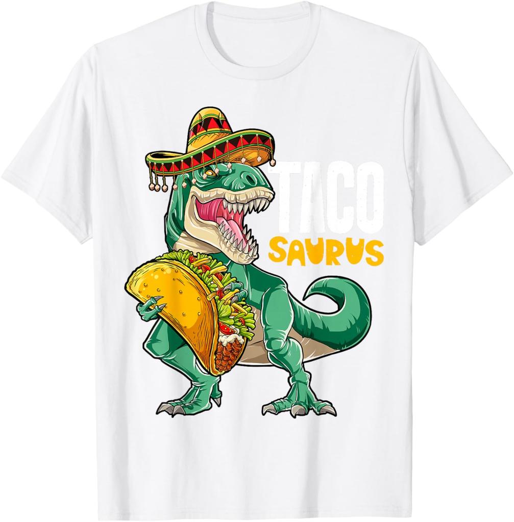 Tacosaurus Dinosaur mit Taco Sombrero Grafik T-Shirt Baumwolle Lässig Kurzarm T-Shirt für Herren