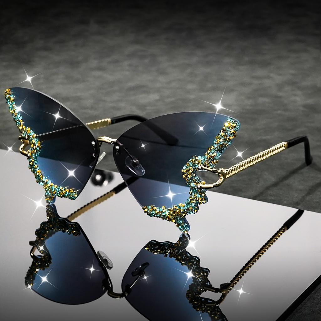 Butterfly Rimless Stylish Sunglasses for Women Men Bling Rhinestone Gradient Tint Decorative Eyeglasses for Costume Party