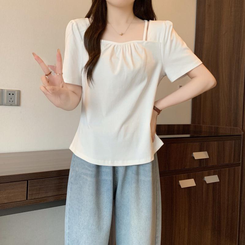 2026 Summer Plus Size Women s Square Neck Pleated Short Sleeve Slimming Top M белый