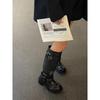 Cowhide Version of Big-headed and Thin Thick-soled Knight Boots Women's Leather Thick-heeled Locomotive But Lacquer Tall Belt Buckle Long Boots