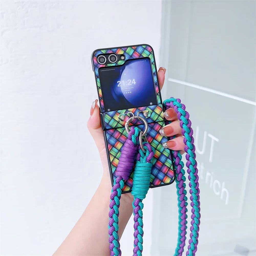 

Crossbody Lanyard Colorful Woven Phone Case for Samsung Galaxy Z Flip 6 5 4 3 Flip5 Flip4 Flip3 5G Protective Shockproof Cover Galaxy Z Flip5 фіолетовий