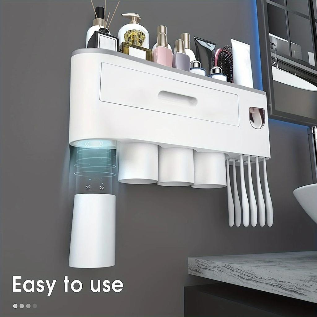 2025+ A Wall-Mounted Toothbrush Holder with 4 Cups, A Large Tray, and 1 Makeup Drawers.