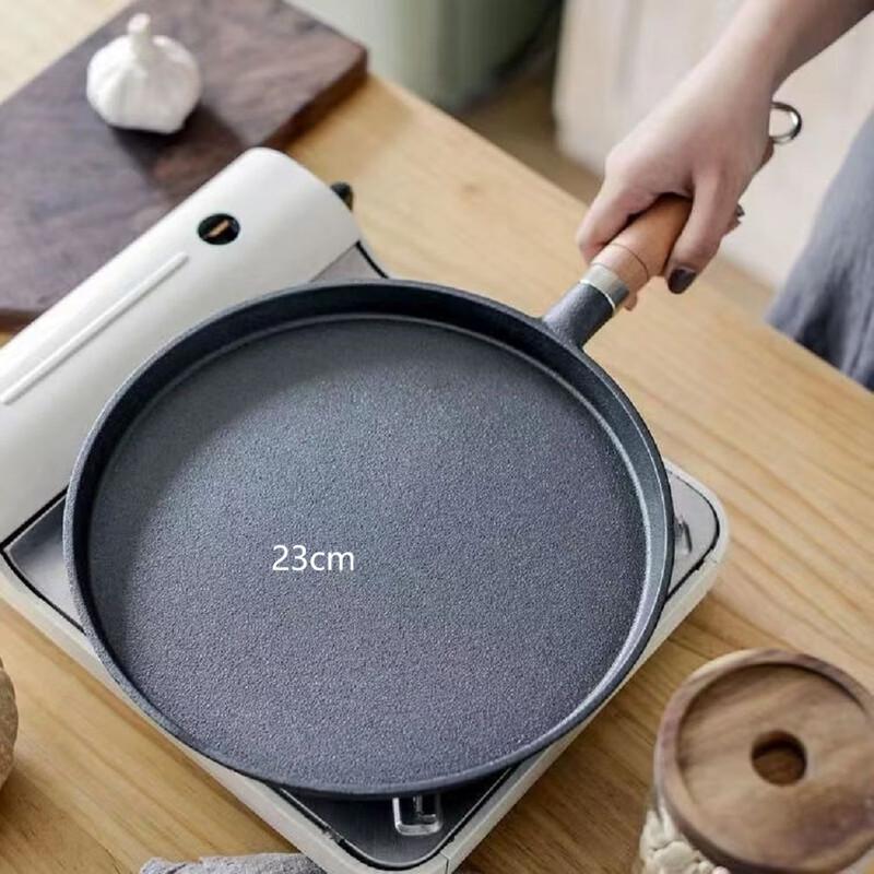 Wutuo Cast Iron Flat Frying Pan with Wooden Handle