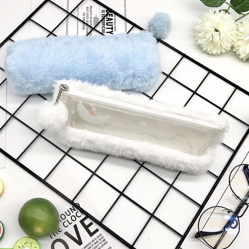 Minimalist Spliced Semi-transparent Pencil Case for Girls Rabbit Japanese-style Cute and Fashionable First-grade Fluffy Portable Stationery Storage
