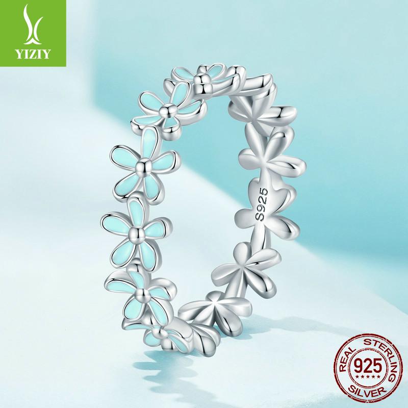 Spring Blue And Green Flower Ring, Light Luxury Small Fresh Flower 925 Sterling Silver Ring Jewelry.