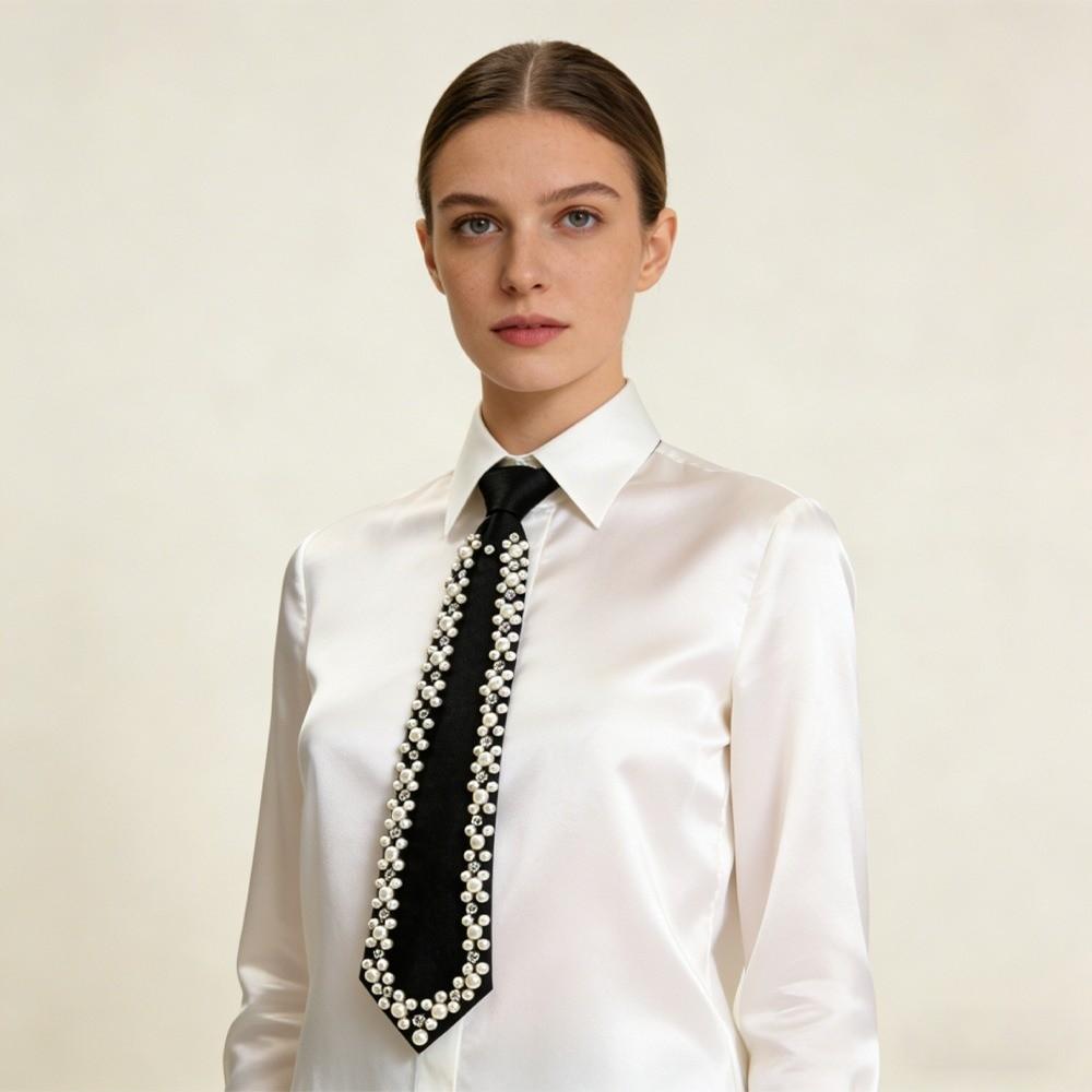 Fashion Rhinestone Pearls Tie Black Academic Style Hand-beaded Long Necktie Geometric Collares Decoration Shirt Tie Women