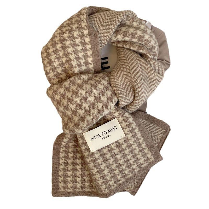 Elegant Women’s Winter Scarf Thick Knit Fashionable Houndstooth Soft Windproof Warm Black White Beige Brown Casual and Stylish