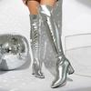 Metallic Gold Silver Thigh High Long Boots Women's Patent Leather Over the Knee High Boots Chunky Heels Shoes