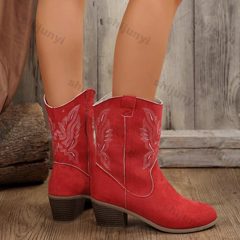 Fashion Women Embroidered Mid Calf Western Cowboy Boots Woman Autumn Winter Faux Leather Chunky Heeled Retro V-Cut Pointed Cowboy Boots