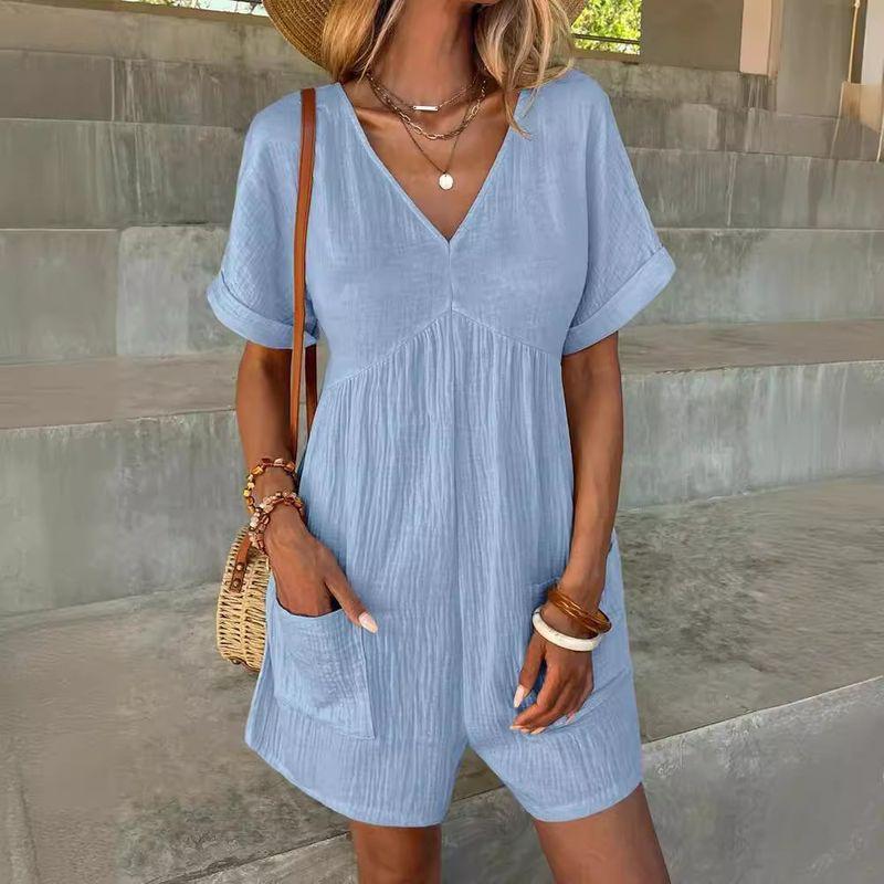 

Short Sleeved Jumpsuit 2025 Summer Women clothes Fashion V-neck Loose Pocket Short sleeve Jumpsuit S