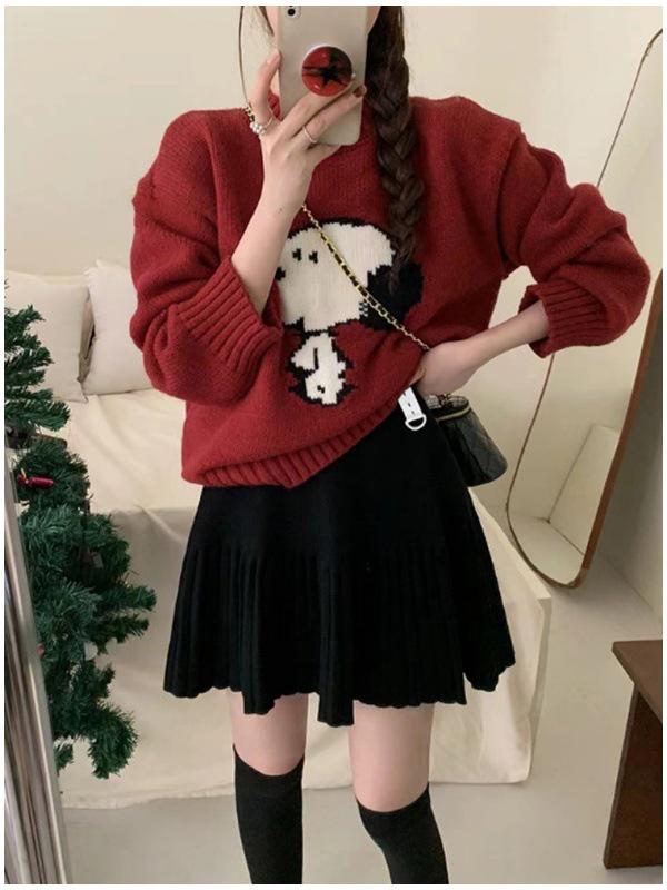 Korean Style Deep Gray A-Line Knit Skirt: Slimming Tummy Support, Petite Pleated Design for Autumn and Winter.