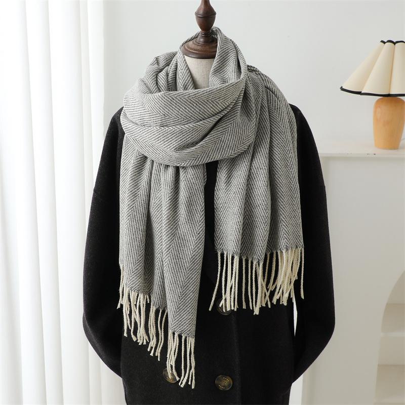 College Style Simple Korean Version Fashionable Versatile Warm Lengthened Imitation Cashmere Scarf Water Ripple Scarf Female Tassel