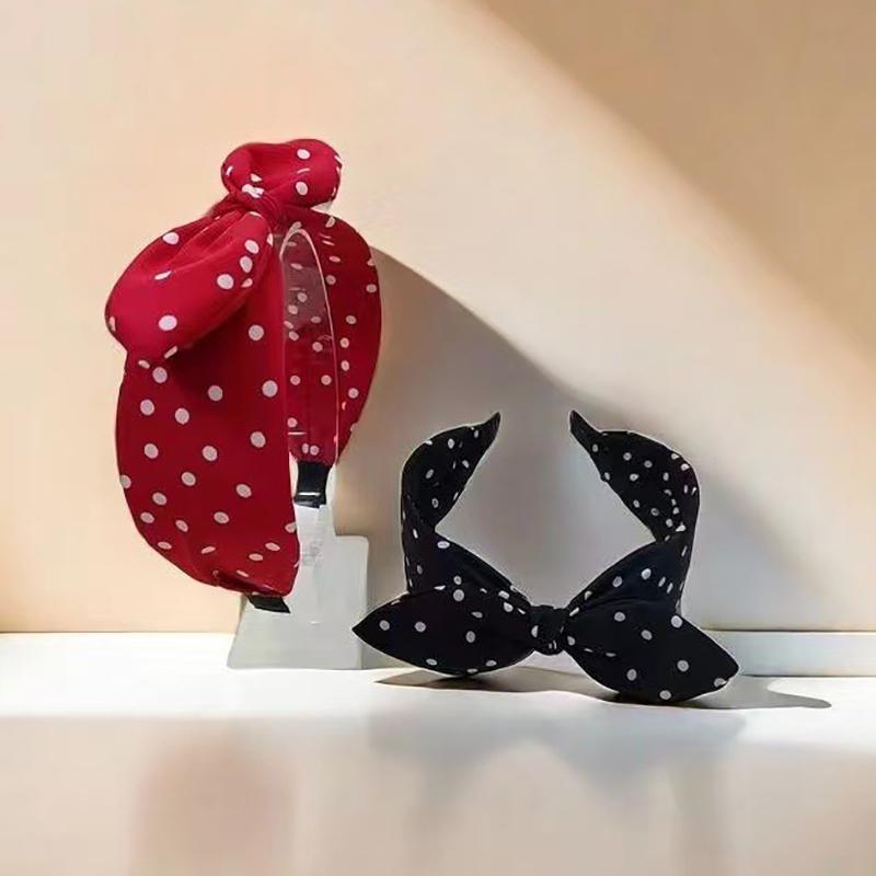 Solid Color Fabric Polka Dot Bow Head Scarf Wire Headband For Temperament Wide Headband Fashion Girl'S Makeup Hairband