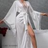 Sexy Bride Wedding Long Robe Dress Nightgown White Ice Silk Kimono Bathrobe Gown Elegant Lace Women's Sleepwear Loose Homewear