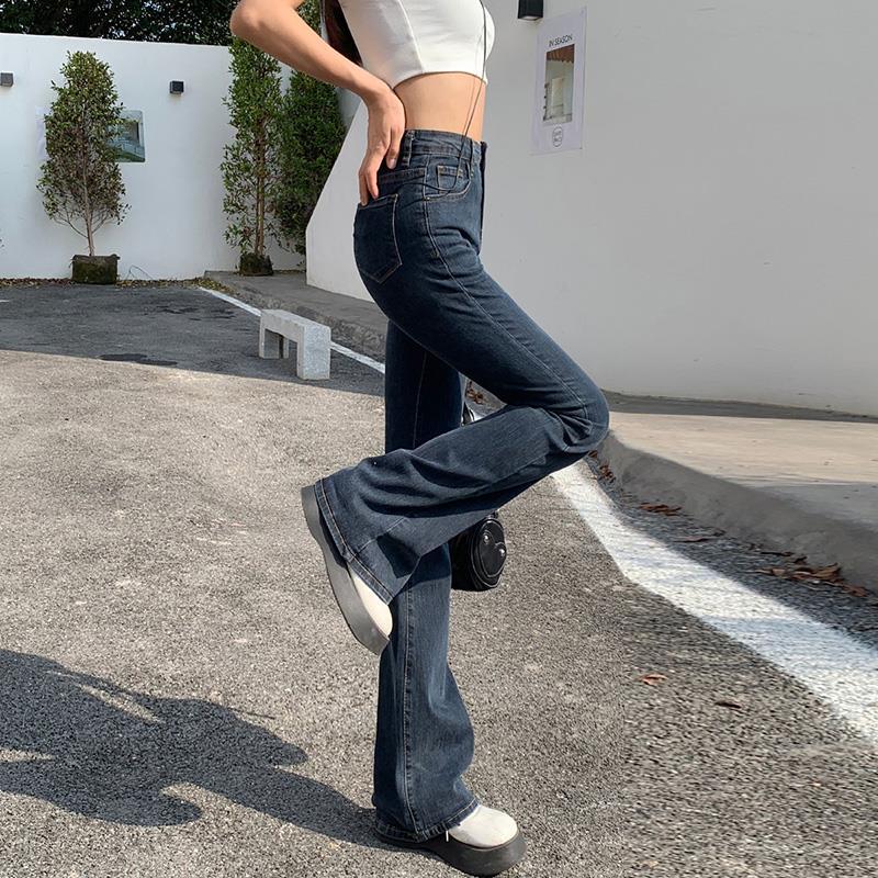 High-Waisted Blue-Gray Micro-Flare Jeans for Petite Women - 2025 Autumn Slimming Bell-Bottom Design