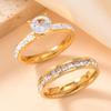 Korean Style Stainless Steel Couple Rings with Pave Set Diamonds - Two-Piece Luxury Fashion Set