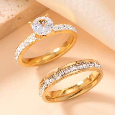 Prsteny pro páry z nerezové oceli v korejském stylu s pave set diamanty - Dvoudílná luxusní módní sada