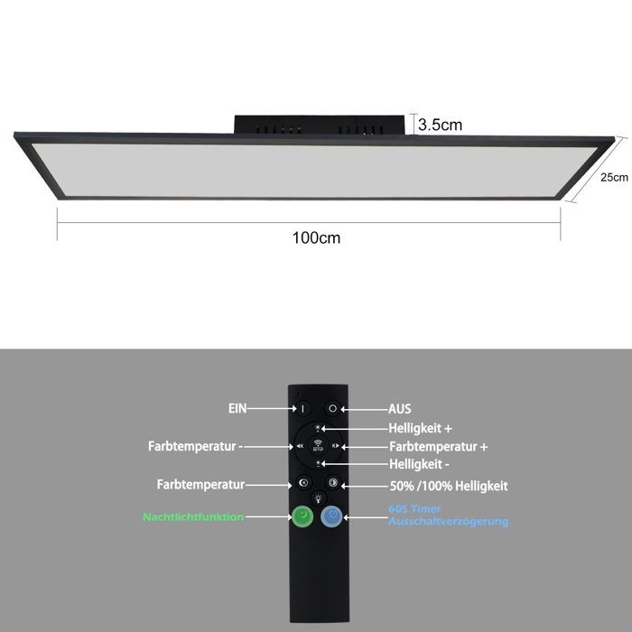 Panneau de plafond LED - NETTLIFE - 100x25 cm - 42W - Dimmable télécommande - Noir Métal