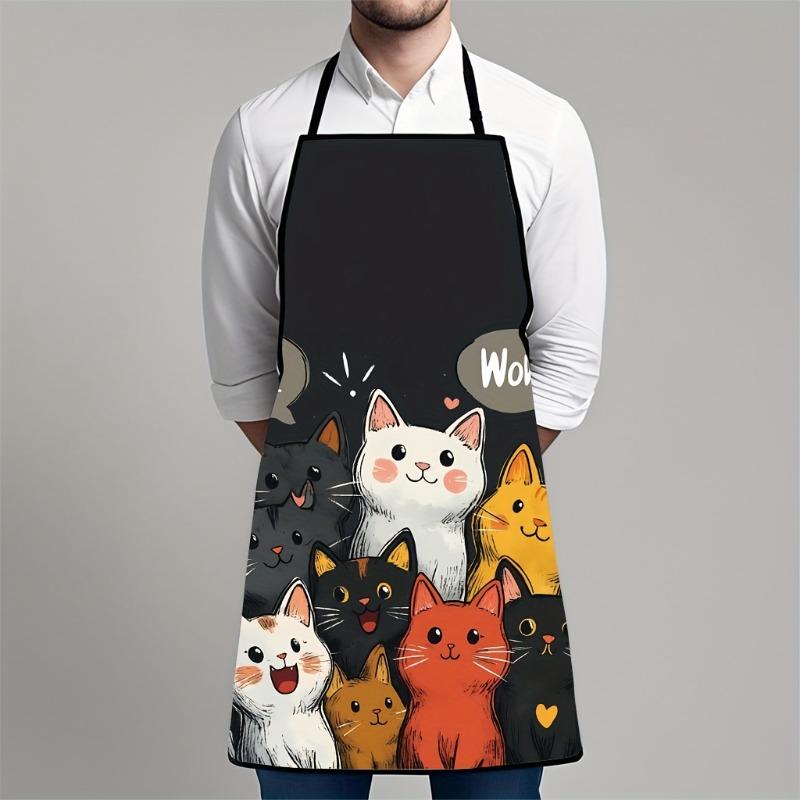 Cute Cat Lover's Apron,Black with Colorful Kitten&‘Wow' Print - Durable Polyester Kitchen Apron for Cooking,Baking, Gift for Her